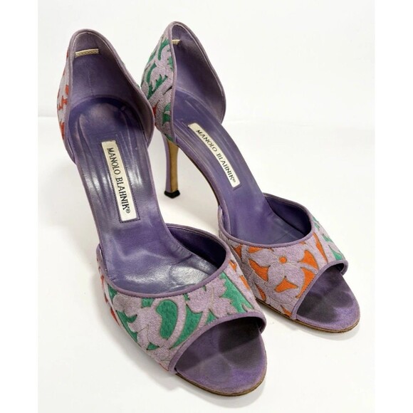 Manolo Blahnik Purple Suede Heels w/ Orange & Green Laser Cut Floral Sz 37.5 7.5 - Picture 1 of 14